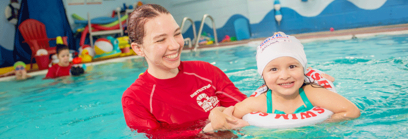Women teaching a child to swim